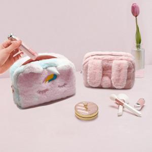 Customized Portable Cartoon Plush cosmetic bags cases for Girls Cute Plush Unicorn Travel Toiletry Makeup Bag