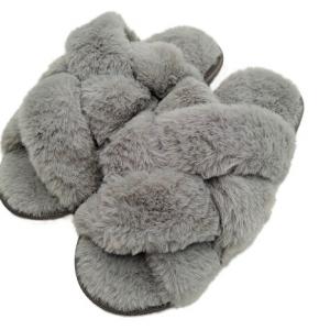 Mesh crossed fluffy slippers women's winter plus-size plush flat slippers open toe warm cotton slippers